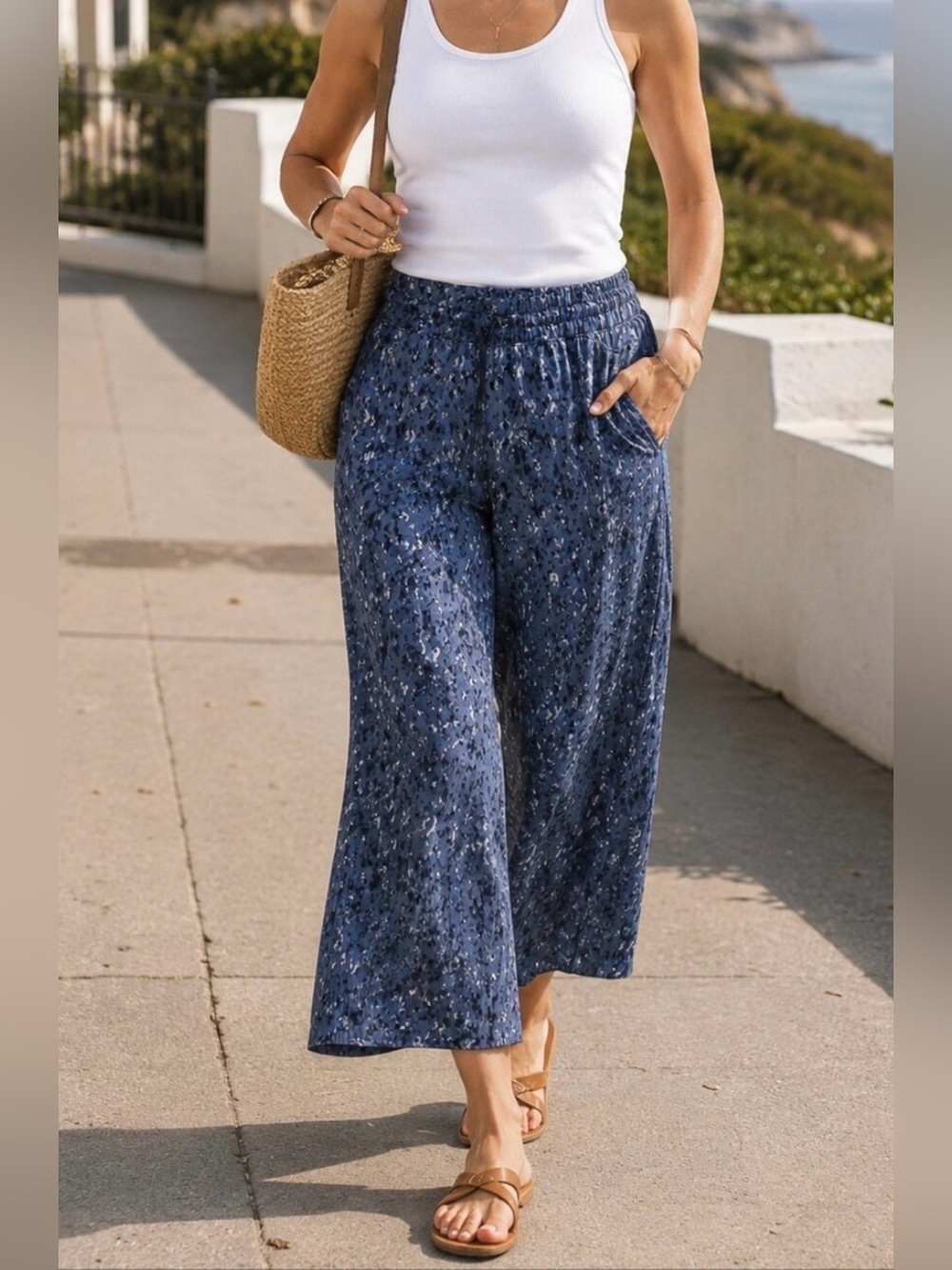 Athleta /NWOT Blue Speckled Wide-Leg Pants Sz 8